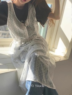 exclusivetype韩国个性设计蕾丝，透视叠穿抽绳收腰宽松背心连衣裙