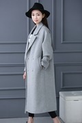 茠色韩版时尚银灰色羊绒大衣双排扣长款纯色长袖女装毛呢外套