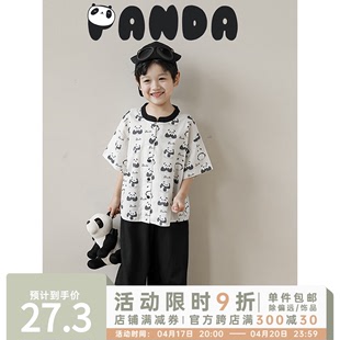 幼悠夏季儿童熊猫星人数码，印花撞色圆领衬衫，男童休闲裤子两件套潮