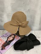 出口日本单夏天风，女士黑色气质蝴蝶结可折叠防晒遮阳草编帽子