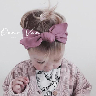 紫红色棉质宝宝儿童韩国满月百日周岁复古婴儿蝴蝶结可爱发带头饰