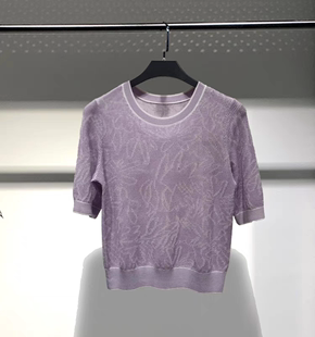 紫色冰丝针织t恤女2023夏装新镂空短袖套头衫e23210206M20