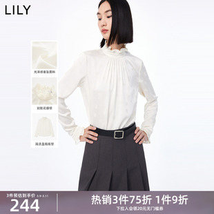 lily女装光泽感复古优雅花边领垂坠感长袖白衬衫雪纺衫