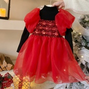 女童套装冬季圣诞，女宝宝亮片背心蓬蓬裙洋气，红色公主裙新年两件套