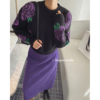 紫色花朵毛衣套头圆领上衣女，春季针织衫短款复古时尚，宽松长袖韩版