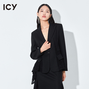 icy女装设计复古风拼接蕾丝，镂空翻领垫肩，黑色西装外套女上衣