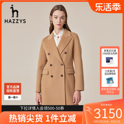 哈吉斯(哈吉斯)hazzys女士修身长，款羊毛大衣，韩版女装双排扣毛呢外套女