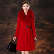 秋冬款狐狸毛领羊绒，大衣女小个子，中长款红色修身显瘦羊毛呢外套