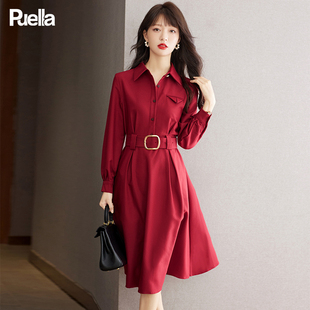 拉夏贝尔puella红色雪纺衬衣连衣，裙子女士早春季长袖气质收腰显瘦
