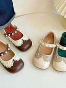 2024春季女童皮鞋儿童珍珠公主鞋，软底女宝宝，方口单鞋潮休闲橡胶