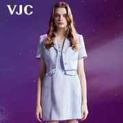 VJC/威杰思2024春夏女装蓝色真两件小香风连衣裙名媛气质