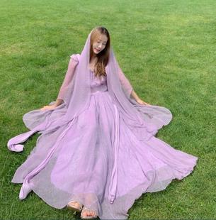 春夏紫色度假连衣裙方领喇叭，袖超仙长裙，大裙摆连衣裙沙滩裙