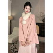 粉嫩嫩的新中式国风粉色毛呢大衣外套女古着深冬装搭配一整套裙子