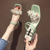 凉鞋女2021年仙女风韩版时尚夏季花朵，高跟一字两穿粗跟凉拖鞋