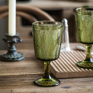 悠瓷 复古高脚杯ins绿叶杯子玻璃杯网红轻奢葡萄酒红酒杯家用水杯
