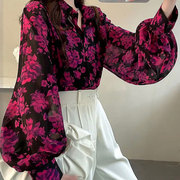 法式印花长袖衬衫女春秋季设计感宽松灯笼袖，衬衣气质减龄雪纺上衣