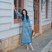 印度进口连衣裙纯棉印花设计感敞开式V领旅游度假风长裙 蓝色