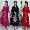 新中式民族风中年妈妈假两件套重工，刺绣凤凰七分袖，连衣裙中国风
