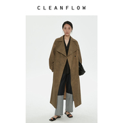 CLEANFLOW 卡其炒色水高支长绒棉轻薄大翻领宽松超长风衣外套女