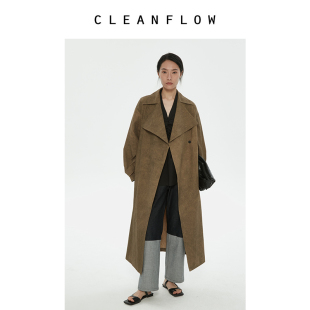 cleanflow卡其炒色高支长绒棉，轻薄大翻领宽松超长风衣春外套女