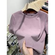 紫色t恤女短袖修身显瘦2024夏季正肩上衣美式复古纯棉体恤潮