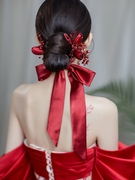 新娘红色对夹发饰侧边气质时尚头饰结婚敬酒服礼服旗袍晚宴配饰品