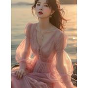 粉色雪纺连衣裙春款2024沙滩，裙女海边度假超仙法式甜美长裙子