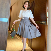 时尚韩版小清新泡泡袖上衣百褶不规则半身裙套装女2020夏季新。