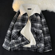 格子羊羔毛棉袄(毛棉袄)外套，男冬季宽松加绒加厚棉服，美式复古潮牌保暖棉衣