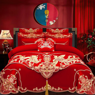 新婚庆(新婚庆)四件套大红全棉刺绣结婚房嫁喜被龙凤，纯棉六十件套床上用品