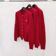 欧货过年红羊毛羊绒针织衫，毛衣女(毛衣女)新春，款风本命年红色绞花开衫外套