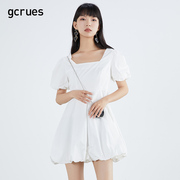gcrues法式方领连衣裙女高腰夏季桔梗白色娃娃裙泡泡袖