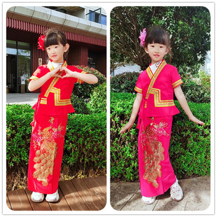 傣族女童套装西双版纳小傣族孔雀图案短袖蕾丝玫红民族风