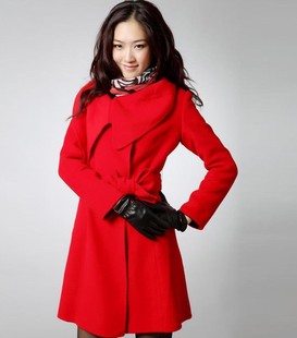 红色毛呢外套冬装，羊毛大衣女中长款婚礼，宴会修身翻领呢大衣