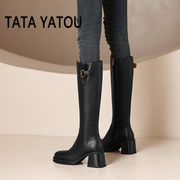 TATA YATOU他她丫头粗跟真皮骑士靴女长筒马丁靴女显瘦高跟长靴子