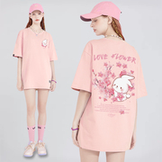 粉色t恤女短袖女小众多巴胺半袖潮牌上衣ins2023夏季兔子纯棉