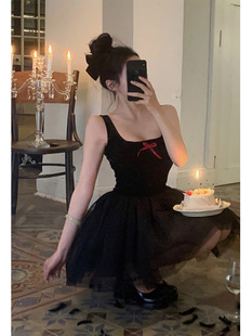 Nininio芭蕾女孩 吊带连衣裙女夏季小个子黑色高腰生日短裙蓬蓬裙