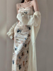 大码新中式水墨印花丝绒吊带，连衣裙女秋季高级感国风气质修身长裙