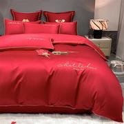 结婚床上用品红色婚床四件套，婚房喜被床单，被套被单婚礼欧式大红色