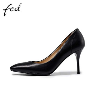 fed黑色高跟鞋秋季女鞋羊皮，浅口尖头法式职业黑色细跟单鞋211-052