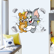 3d立体猫和老鼠墙贴画卧室，儿童房间创意客厅墙壁装饰防水自粘贴纸