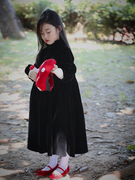 女童秋冬连衣裙红色，本命年裙子黑色泡泡袖亲子装，中大童丝绒生日裙