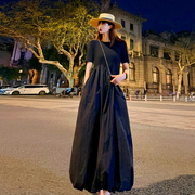 简约设计感小众赫本黑色夏季短袖修身显瘦长款连衣裙气质拼接长裙