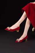 巨日婚鞋红色绒面中式尖头新娘2430296中国风婚鞋钻蝴蝶结中跟鞋