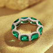 S925纯银满钻戒指女欧美轻奢级感祖母绿排戒碳钻指环