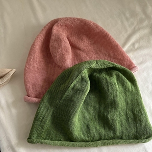 冷帽粉色绿色蓝色咖色米色夏季薄款透气包头帽堆堆帽亚麻套头帽