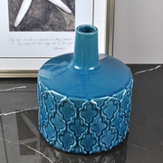 后现代北欧风格陶瓷大肚细口立体浮雕，蓝色花瓶新中式家居客厅饰品