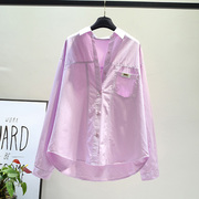 春季浅紫色不规则长袖棉布衬衫女2024韩范设计感百搭休闲上衣