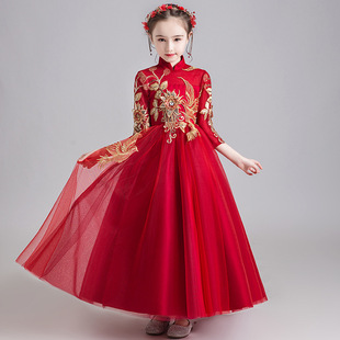 大码晚礼服女大童红色生日派对公主裙中式蓬蓬纱主持人钢琴演出服
