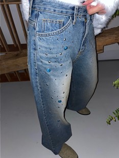 uniquesei韩国小众，设计师蓝色特别铆钉宽松直筒休闲显瘦牛仔裤